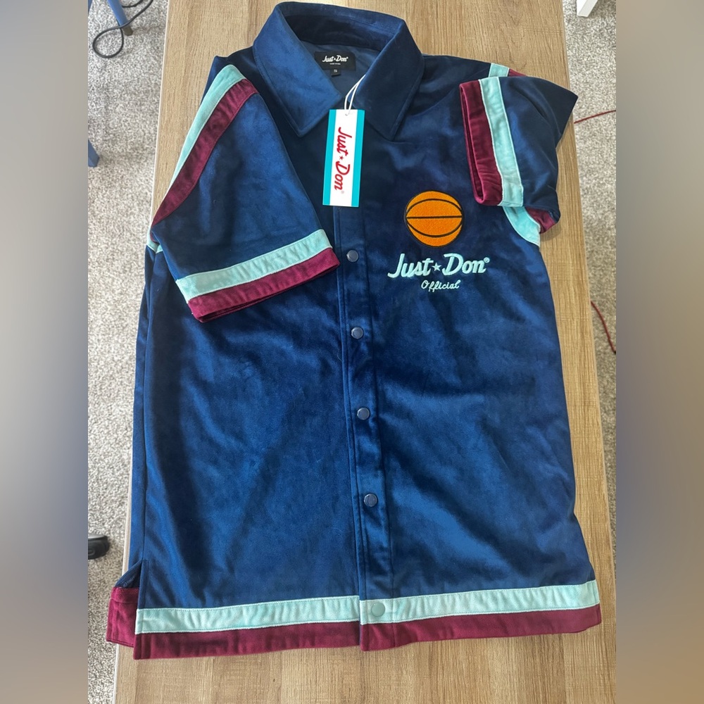 Just Don Blue and Red Button Down Shirt Athletic Style Velvet material